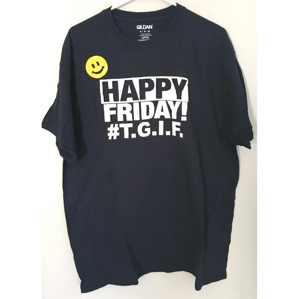 Gildan Shirt Womens XL Navy Happy Friday TGIF Smiley Face Graphic T-Shirt
